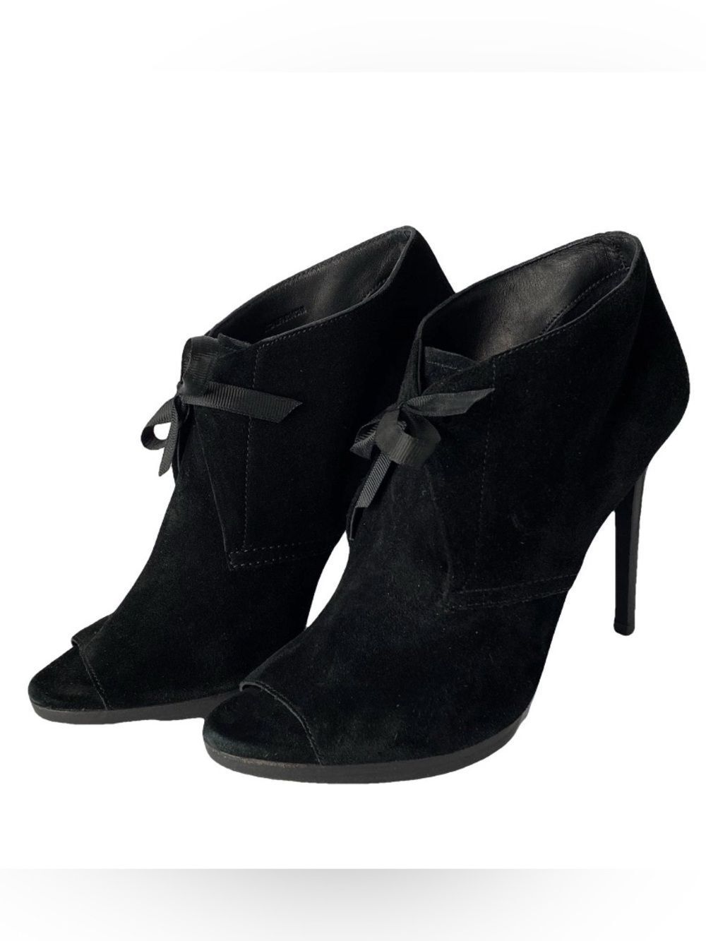 🛍️ Burberry Authentic Black Suede Peep-Toe Ankle Booties with Ribbon Tie